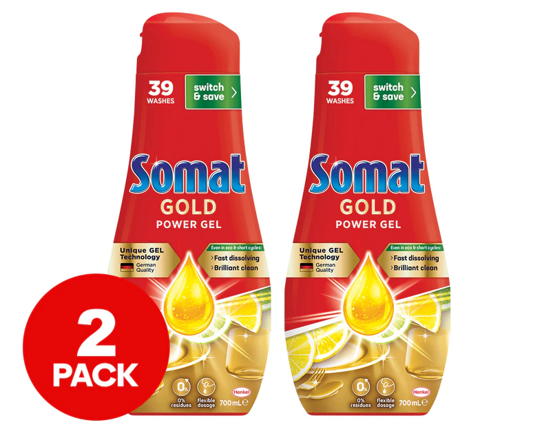 2 x Somat Gold Power Gel Dishwasher Liquid Lemon 700mL / 39 Washes