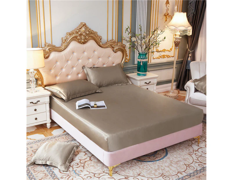 Satin Silk Fitted Sheet Mattress Protector Cover Pad 90x200cm,Three-Piece Suit Elastic Band Bed Sheets - Champagne gold Bedsheet