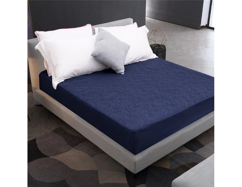 Mattress Protector Pad Bed Cover Waterproof Quilted Embossed Mattress Topper - Navy blue Hemp flower