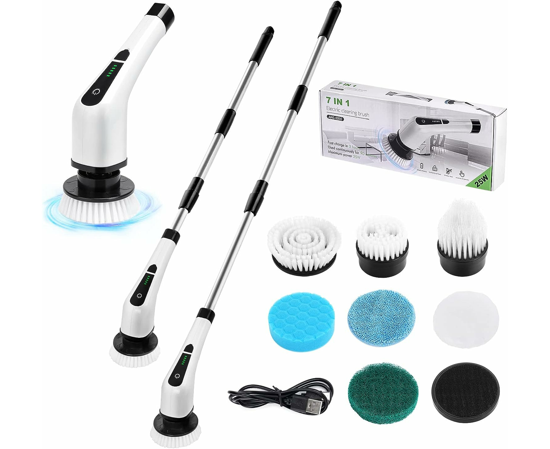 Exfeeko Electric Spin Scrubber, Cordless Bath Tub Power Scrubber with Long Handle & 7 Replaceable Heads, Detachable As Short Handle, Shower Cleaning