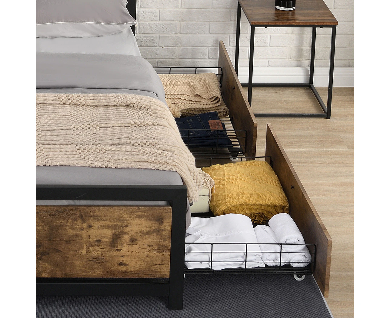 Levede  4 Double Bed Frame Storage Drawers Metal Wooden Wood Bonus Bottom Mat