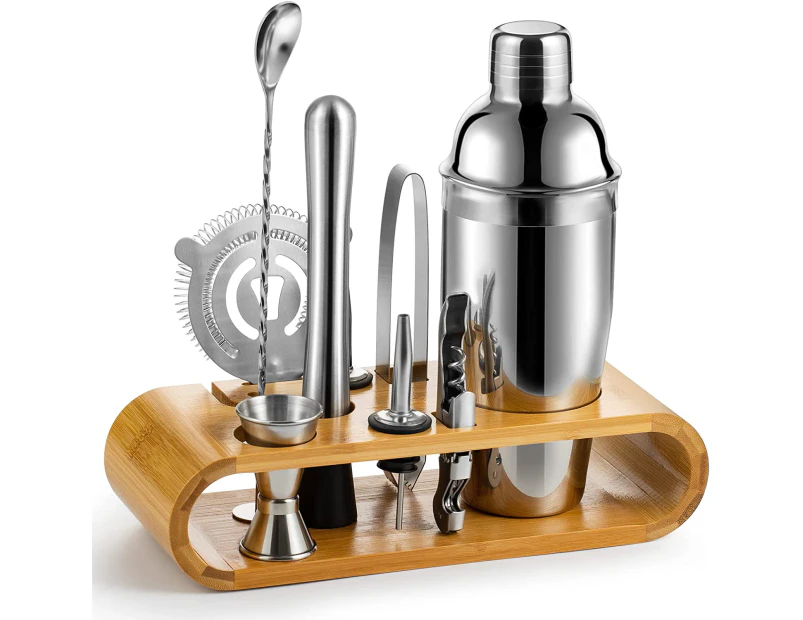 Cocktail Shaker Set Bartender Kit with Bamboo frame and 10 Pieces Stainless  Steel Bar Tool Set