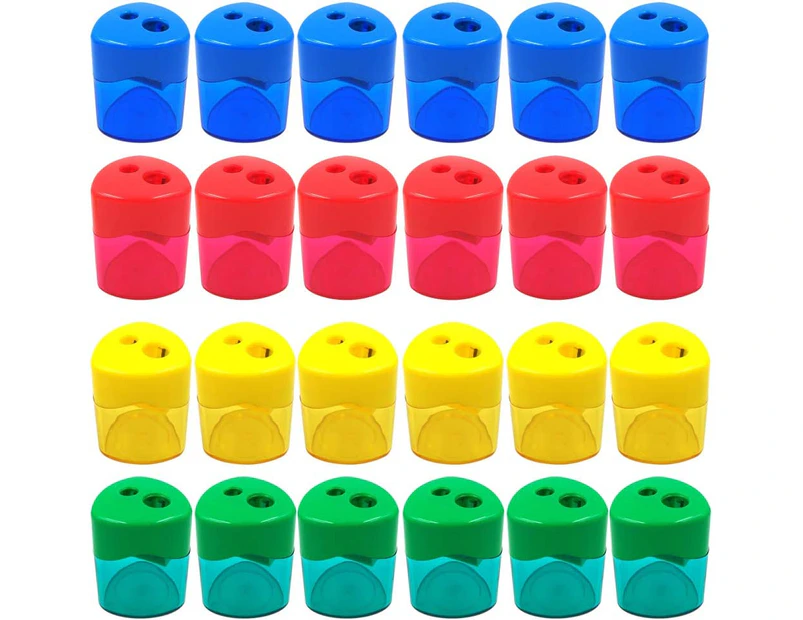 24Pcs Pencil Sharpener Manual, Assorted Color Small Dual Hole Pencil Sharpeners Bulk with Lid for School Office Home