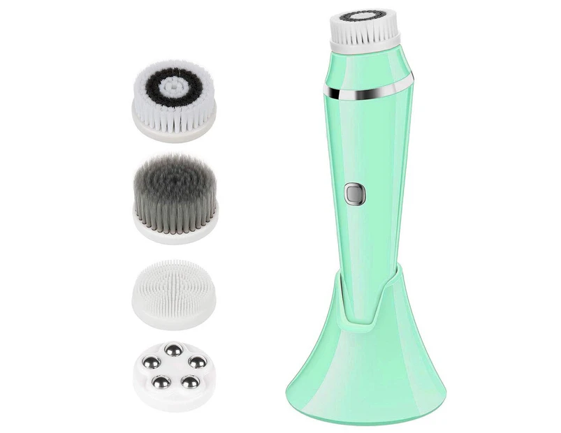 Facial Cleansing Brush Rechargeable Electric Spin Face Brush Waterproof Face Scrubber Massager with 4 Brush Heads Facial Machine - GREEN