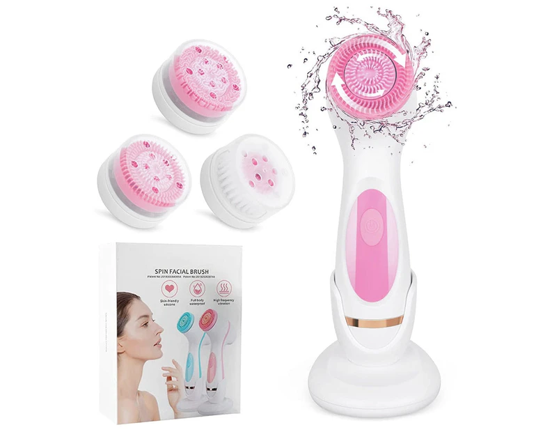 Electric Face Cleaner Facial Cleansing Brush For Exfoliating & Deep Cleaning Spin Brush With 3 Brush Heads Spa Facial Massager - PINK WITH BOX