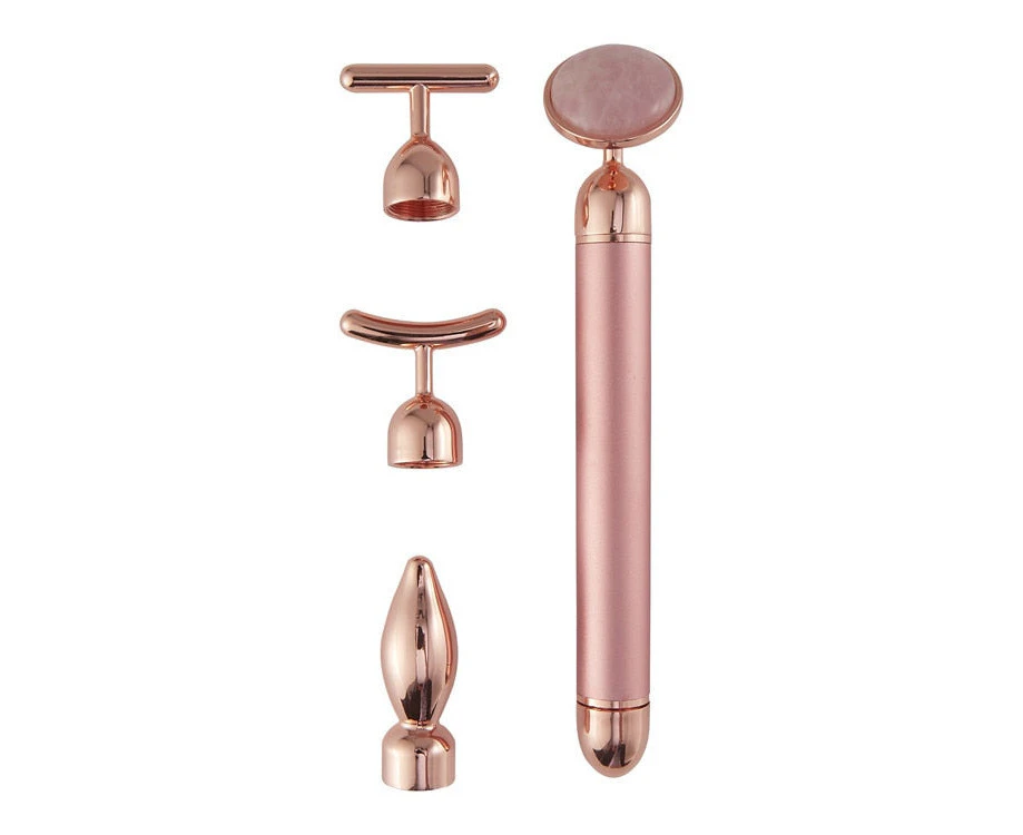 4 in 1 Vibrating Rose Quartz Roller Face Roller Eye Massager Jade Roller T/V Shaped Face Lifting Slimming Beauty Bar Massager - Rose pink