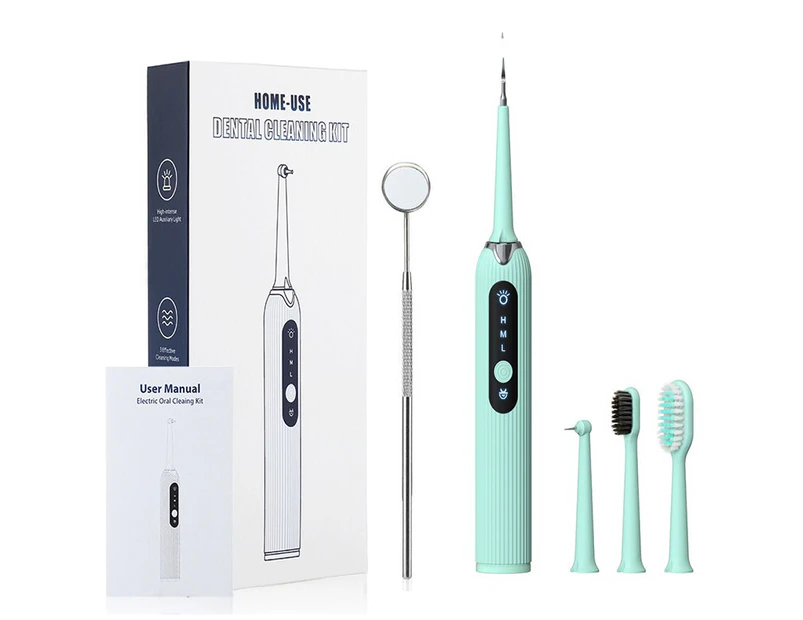 Electric Dental Calculus Remover Ultrasonic Vibration Tooth Tartar Scraper Cleaning Tool Toothbrush Cleaner with 4 Heads 3 Model - GREEN SET
