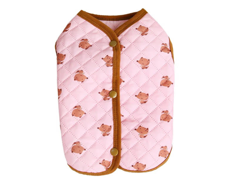 Winter Dog Coat Cute Fox Print Button Closure Cardigan Windproof Keep Warm Sleeveless Pet Vest Coat Small Dog Two-legged Clothes Puppy Costume-Pink