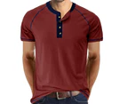 WeMeir Men's Short Sleeve Henley Shirts Casual Button Down Shirts for Men All-match Cotton T-shirts Undershirts - Wine Red