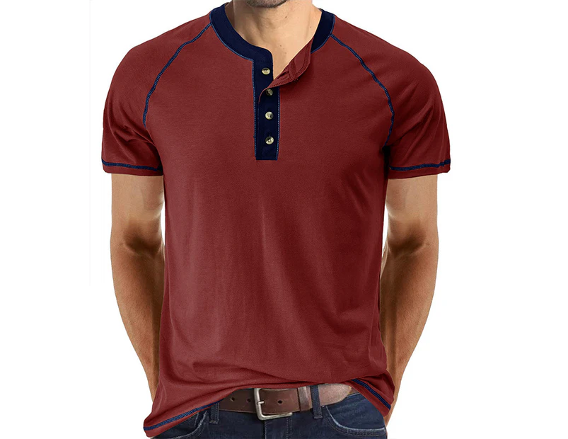 WeMeir Men's Short Sleeve Henley Shirts Casual Button Down Shirts for Men All-match Cotton T-shirts Undershirts - Wine Red