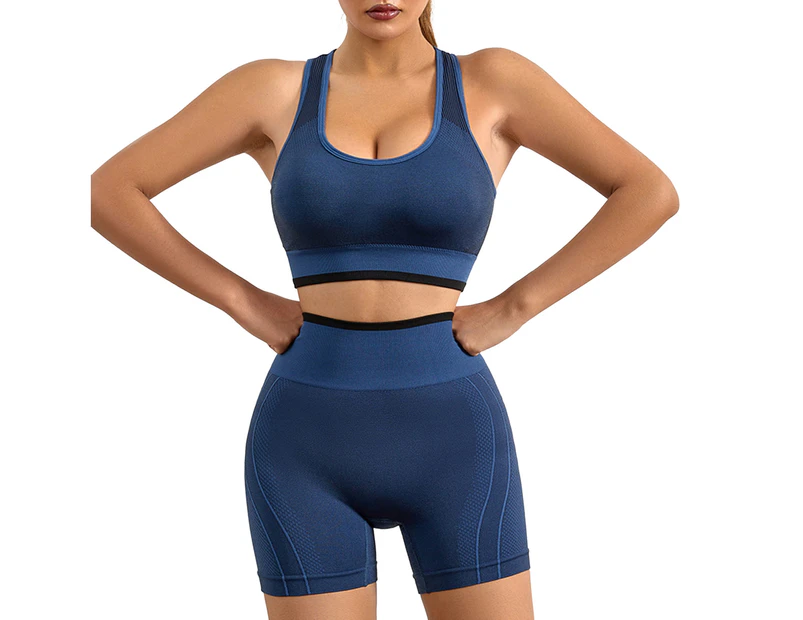 Nirvana 2Pcs/Set Women Vest Shorts High Stretch Beauty Back Seamless Shockproof Push Up Sports Underwear Set Yoga Clothes-Blue