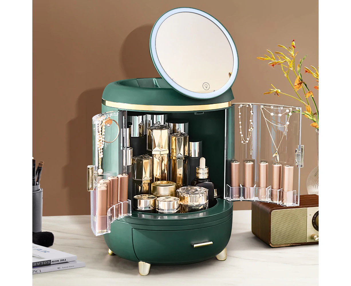 Furb Makeup Case Cosmetic Organiser Storage Boxes Jewellery Box Holder Beauty W/ LED Mirror Green