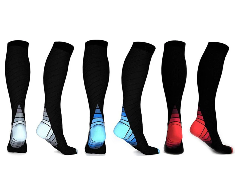 6 Pairs Athletic Compression Socks - 2x Black/Grey, 2x Black/Blue, 2x Black/Red