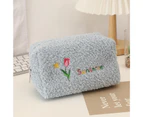 Cosmetic Bag High Capacity Letter Print Dust-proof Portable Travel INS Tulip Soft Plush Makeup Organizer for Daily-Light Blue