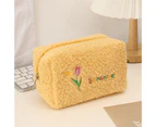 Cosmetic Bag High Capacity Letter Print Dust-proof Portable Travel INS Tulip Soft Plush Makeup Organizer for Daily-Yellow