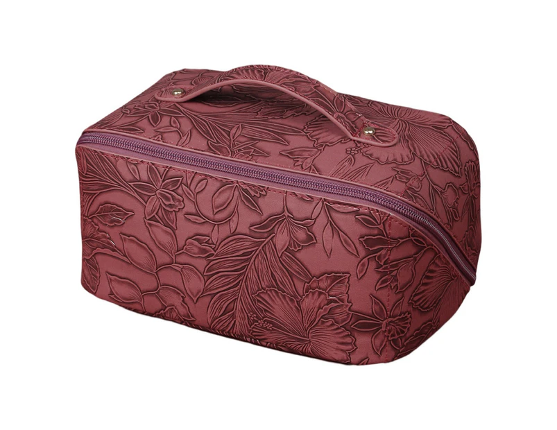 Travel Cosmetic Bag 3D Embossing Faux Leather Retro Pouch Zipper Closure Large Capacity Storage Portable Makeup Tool Storage Toiletry Bag-Rose Red