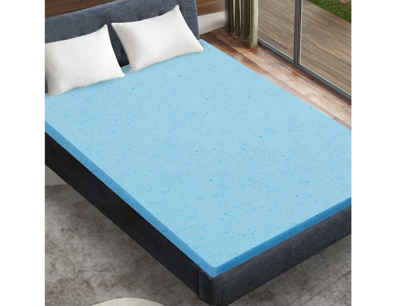 Dreamz 5cm Thickness Cool Gel Memory Foam Mattress Topper Bamboo Fabric Queen - Blue, White