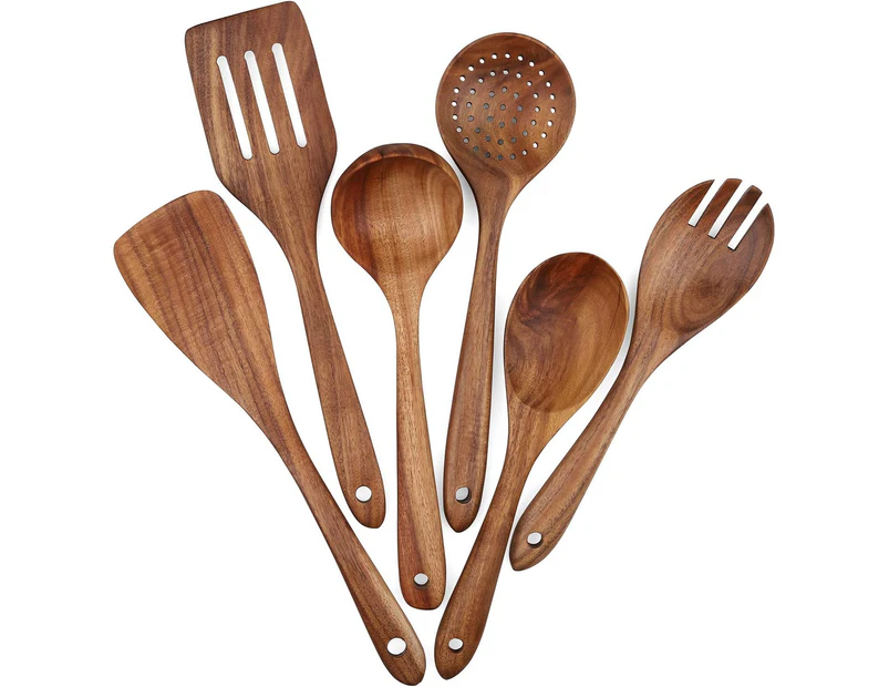 Wooden Cookware Set, 6-Piece Set, Kitchen Utensil Set, Non-Stick Cookware, Spatula, Fork, Slit Spatula, Soup Spoon, Ladle