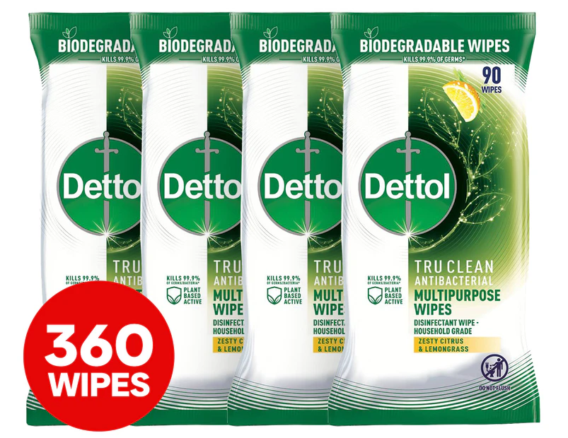 4 x 90pk Dettol Tru Clean Antibacterial Multipurpose Disinfectant Wipes Zesty Citrus & Lemongrass