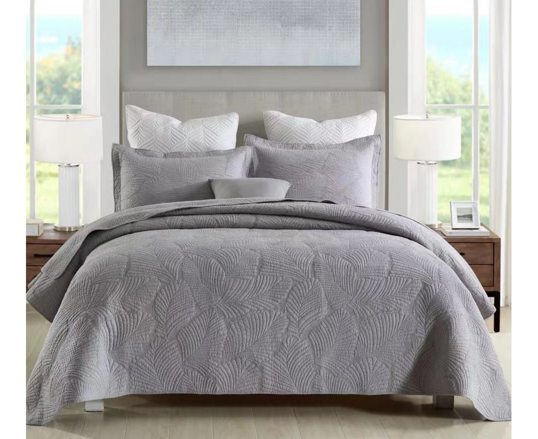 100% Cotton Bedspread Coverlet Set Comforter Embroidery Quilt for King & Super King Size Bed 250x270cm Palm Leaves Grey