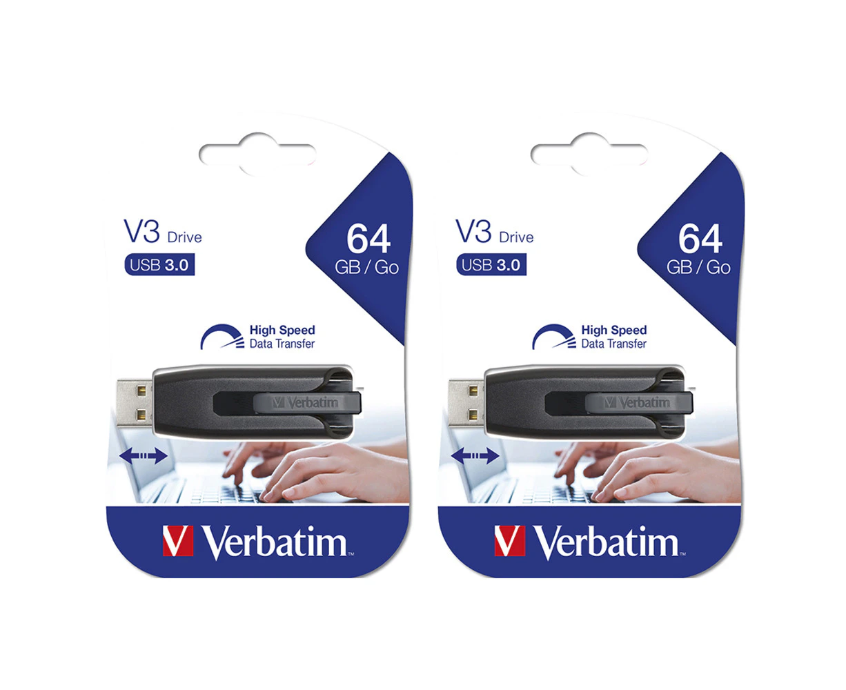 2PK Verbatim Store'n'Go V3 USB 3.0 Stick Flash Drive 64GB Storage f/Laptop/PC Gr