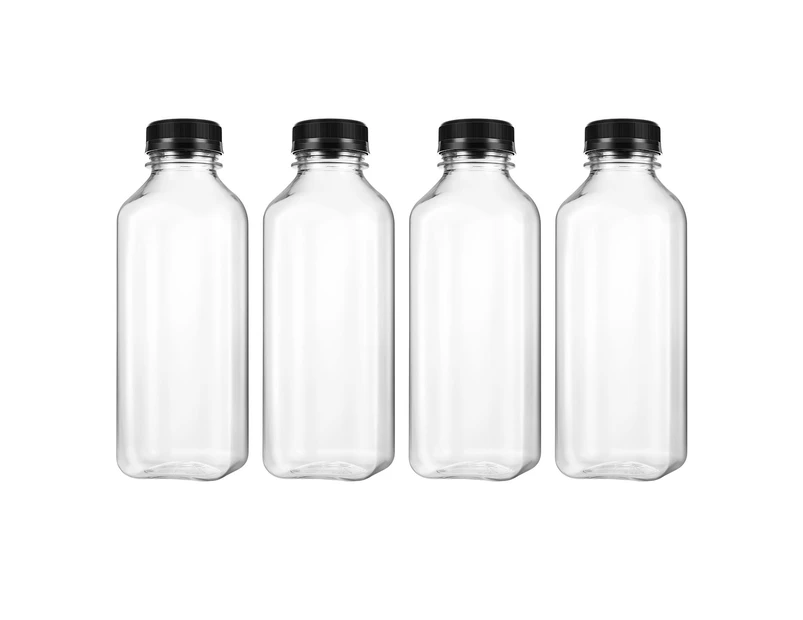 4PCS PET Plastic Empty Storage Containers Bottles with Lids Caps Beverage Drink Bottle Juice Bottle Jar (Black Caps)