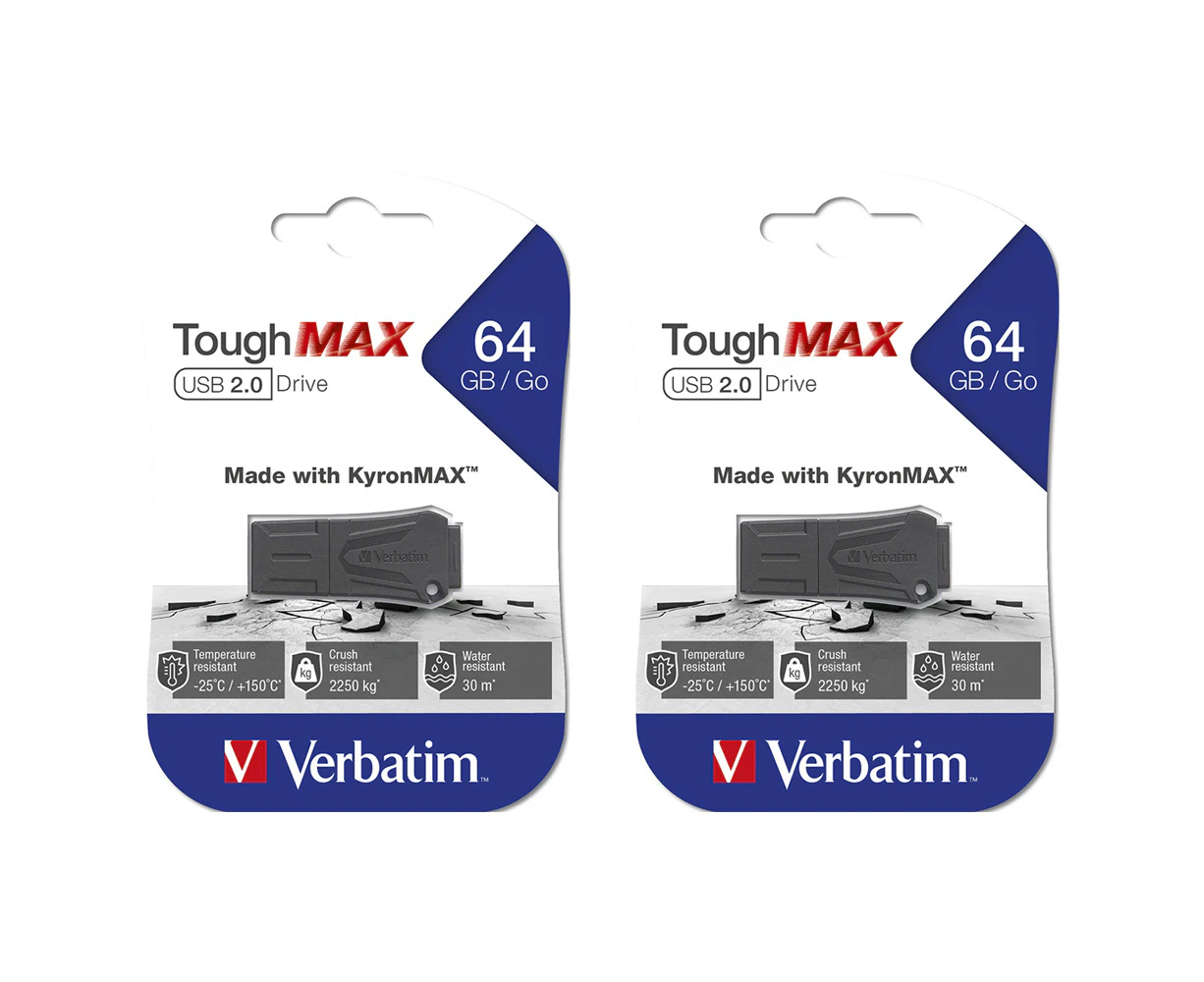 2PK Verbatim ToughMAX USB 2.0 Flash Drive 64GB Storage Stick For Laptop/PC Black