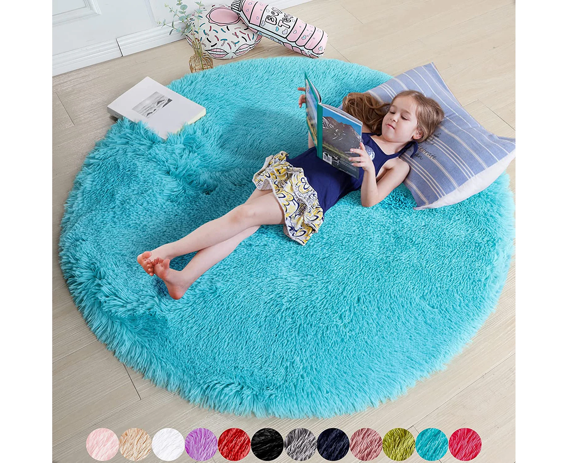 120*120Cm Rugs Round Bedroom Carpet Fluffy Round Carpet For Kids Room Fluffy Area Rug Blue