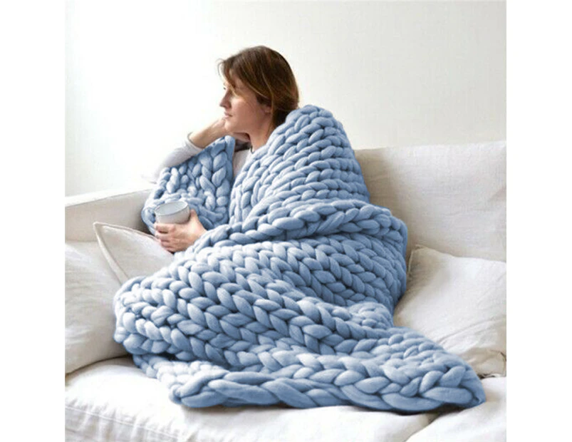 Chunky Knitted Blanket Throw Blanket Thick Yarn Blanket - Blue