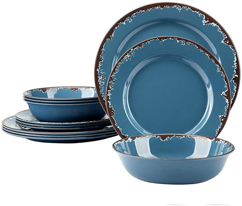 (Blue) - Melamine Camping Dinnerware Set - Yinshine 12 PCS Dinner Dishes Set Service for 4, Blue