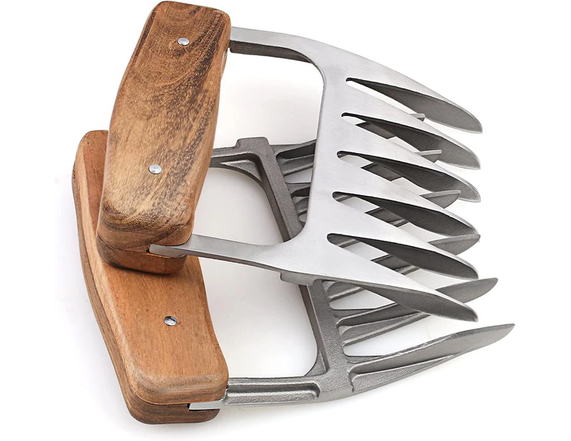 2 metal meat claws with wooden handles for shredding, pulling, handling, lifting and serving pork, turkey, chicken, etc.