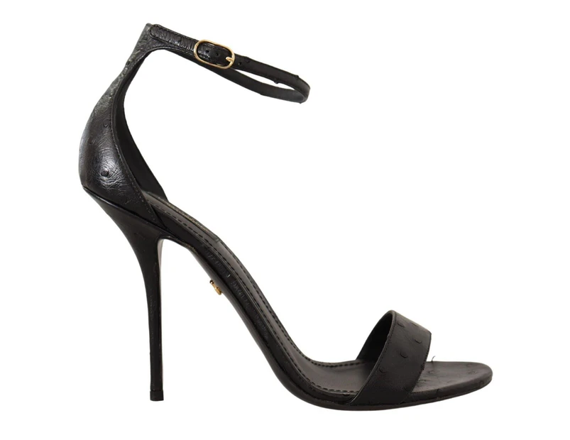 Dolce & Gabbana Black Ostrich Ankle Strap Heels Sandals Shoes