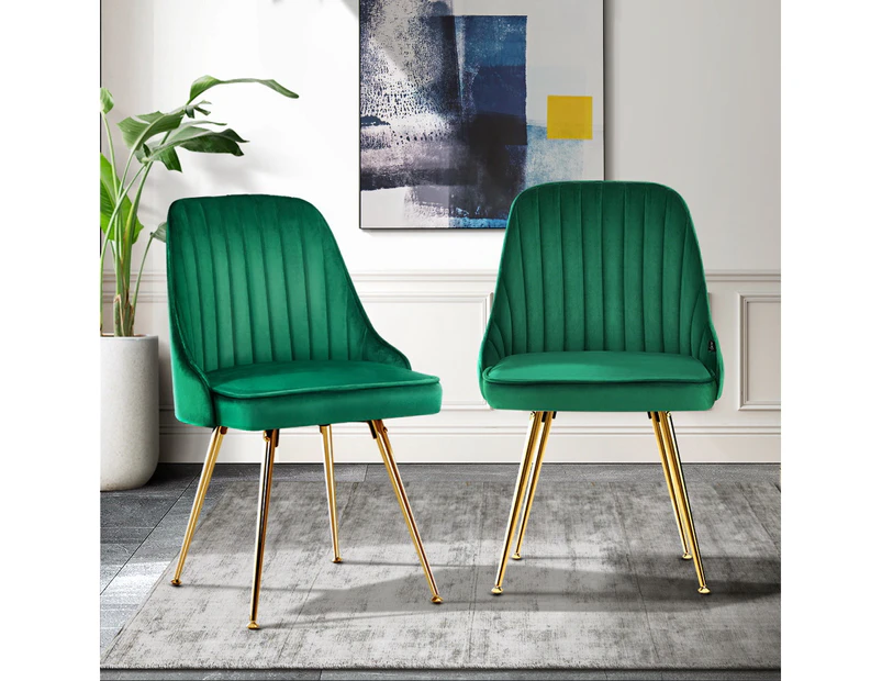 Set of 2 Dining Chairs Retro Chair Cafe Kitchen Modern Metal Legs Velvet Green