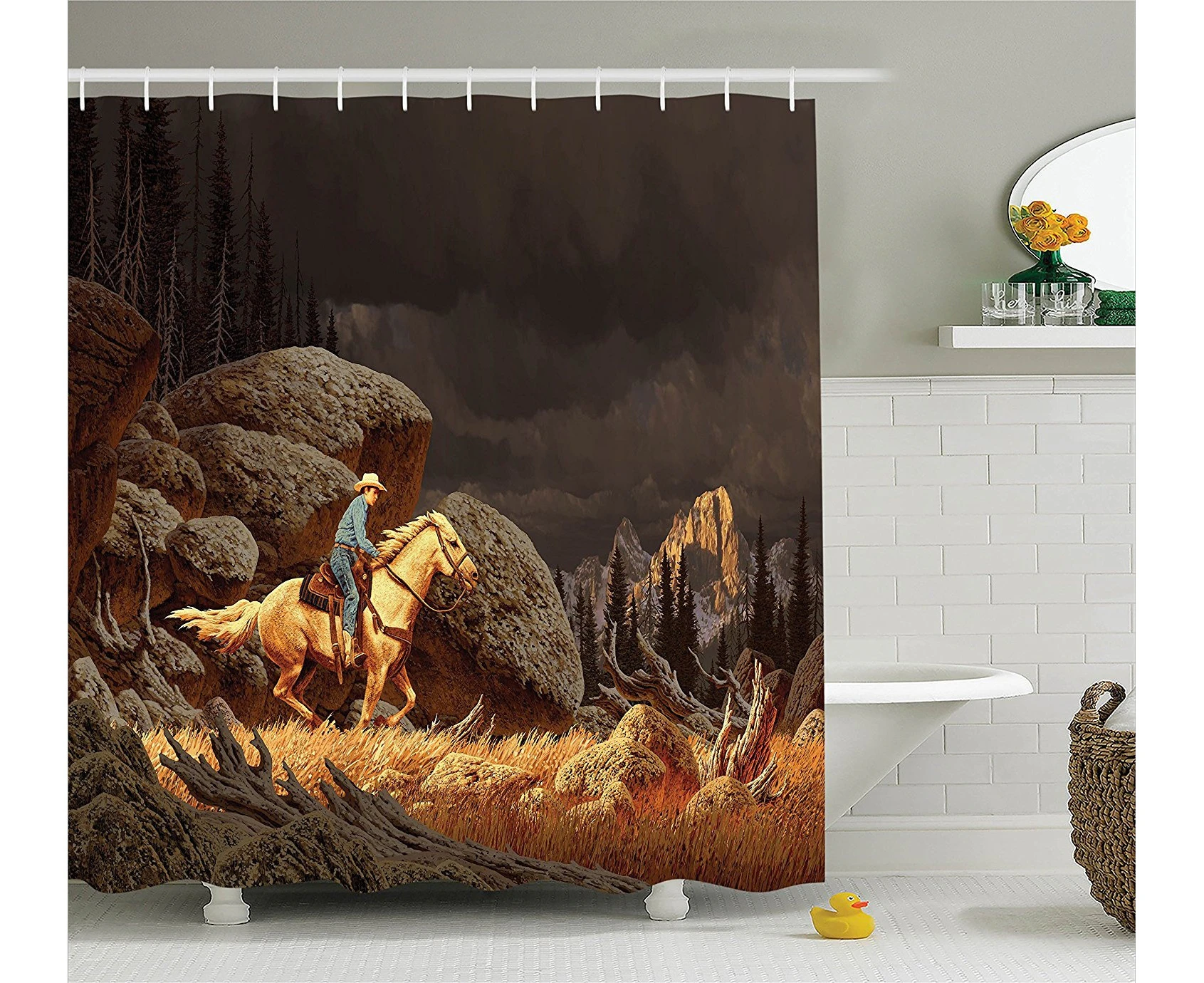 (180cm  W By 180cm  L, Multi 6) - Ambesonne Western Decor Collection, A Rock Mountain Scene Landscape with a Cowboy Riding Horse North America Style Folk P