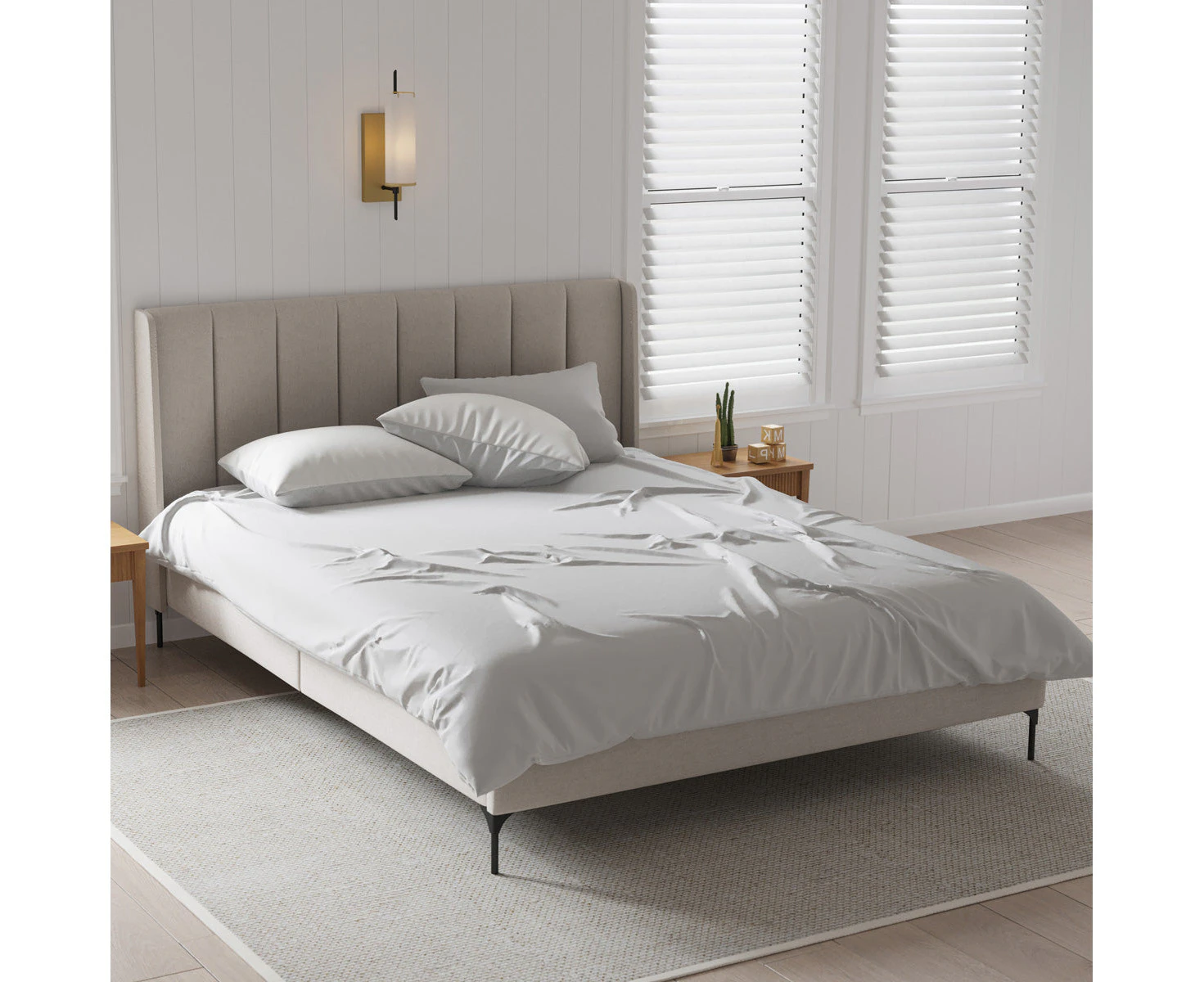 Winged Upholstered Beige Fabric Bed Frame in King, Queen and Double Size