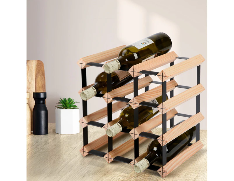 Timber Wine Rack Holds Twelve Bottles Solid Pine Wood Heavy Duty Steel Frame