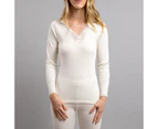 Ladies Thermal Long Sleeve Top Wool Blend Underwear Womens w/ Motif Lace - Beige