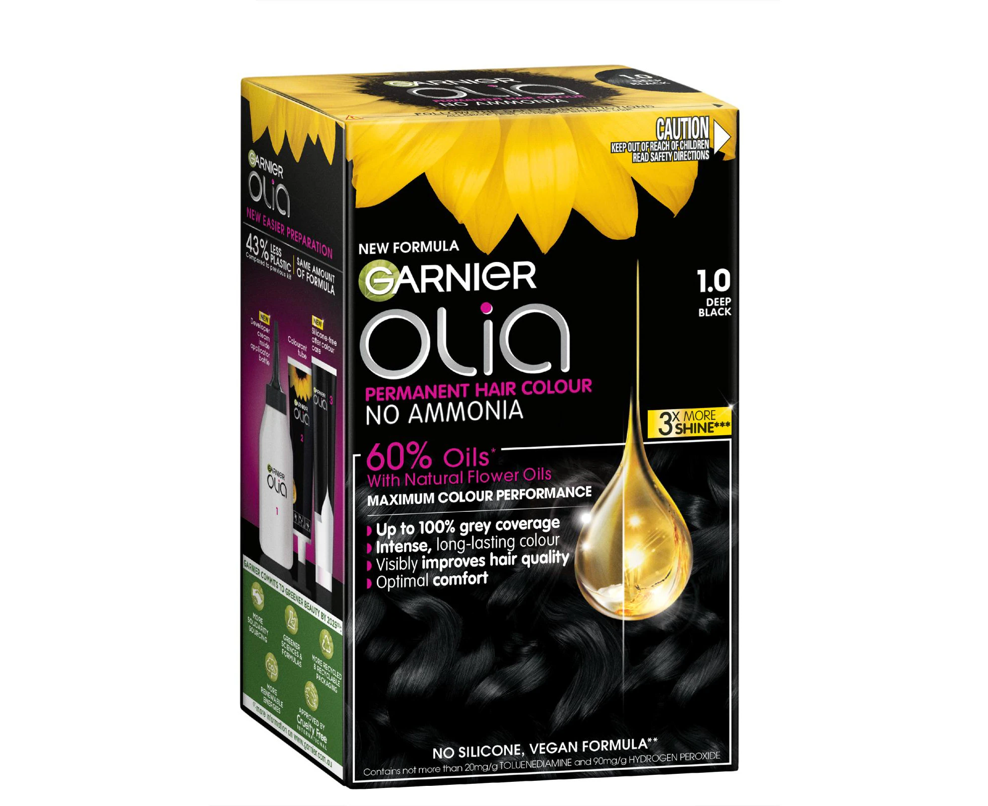 Garnier Olia 1.0 Deep Black Permanent Hair Colour No Ammonia, 60% Oils