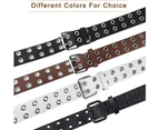 Grommet Leather Belts, Pu Leather Double Grommet Belt Punk Aesthetic Belt For Women Jeans - All Black-Double Holes