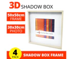 4 x NATURAL SHADOW BOX FRAME 50x50cm | Shadowbox Picture Frame Box Photo Display Case MDF with Glass Front and Ready to Hang 3D Picture Frame with Mat