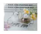 Salt and Pepper Glass Shakers Stainless Steel Lid Wire Seasoning Spices Condiments Ceramic Rack Stand Set