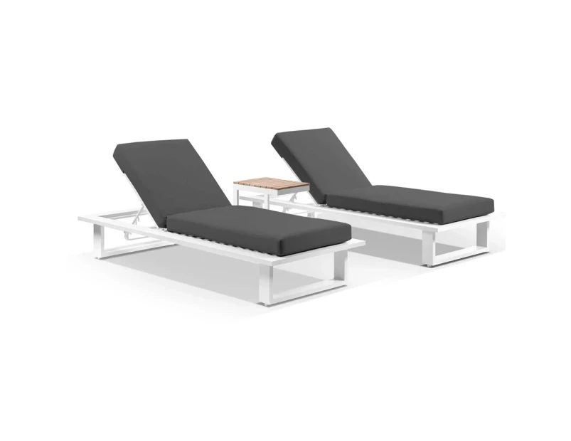 Outdoor Arcadia Aluminium Sun Lounge Set In White W/ Teak Slide Under Side Table - Outdoor Daybeds - White Aluminium with Denim Grey Cushions