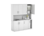 Uniform Sliding 2 Door Credenza and Small 2 Door Cupboard Unit - Hutch with Doors - White, white, silver handle