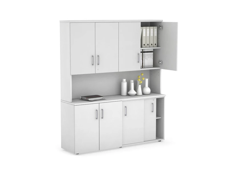 Uniform Sliding 2 Door Credenza and Small 2 Door Cupboard Unit - Hutch with Doors - White, white, silver handle