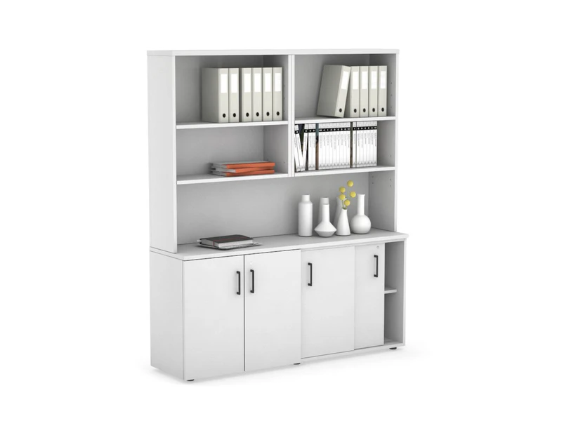Uniform Sliding 2 Door Credenza and Small 2 Door Cupboard Unit with Open Hutch - White, white, black handle