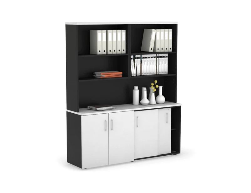 Uniform Sliding 2 Door Credenza and Small 2 Door Cupboard Unit with Open Hutch - Black, white, white handle