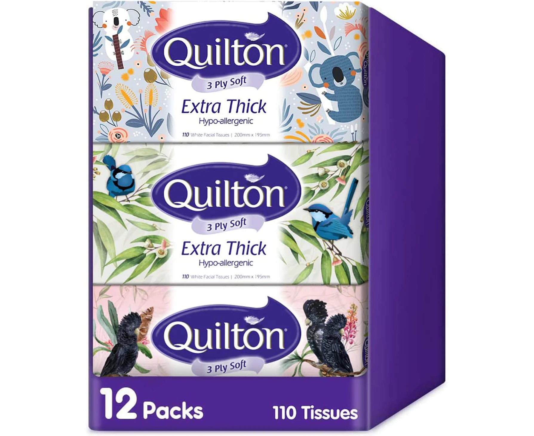 Quilton 3 Ply Extra Thick Facial Tissues Hypo-allergenic (12 boxes of 110 tissues each)