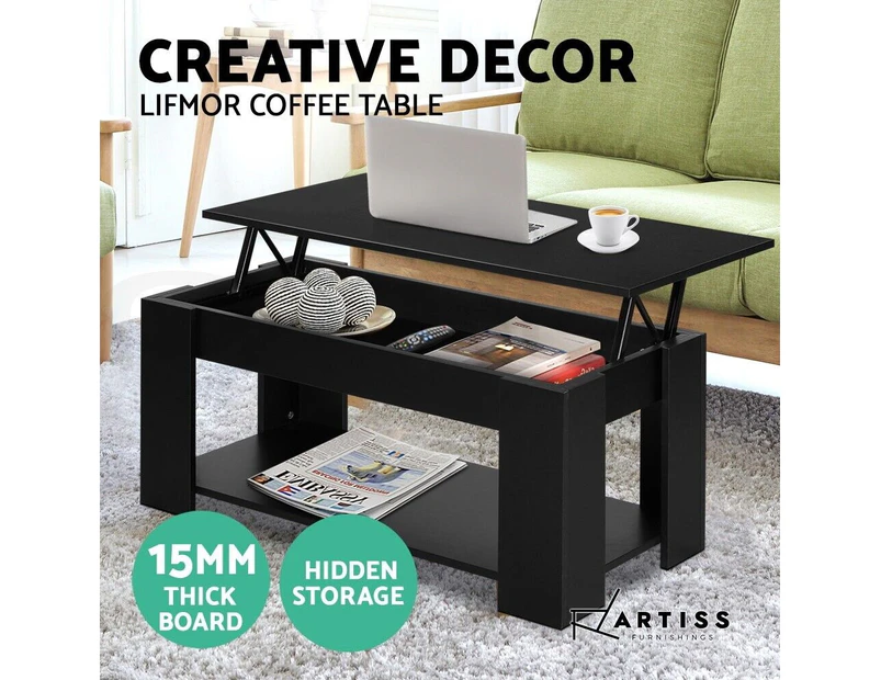 Artiss Coffee Table Lift Up Top Modern Tables Hidden Book Storage Shelf Black