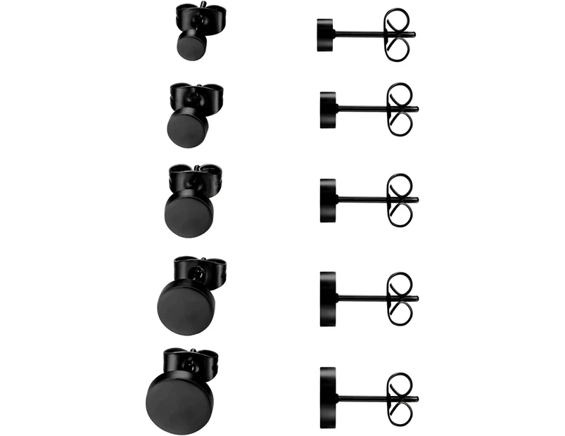 5 Pairs Stud Earrings Set, Stainless Steel Flat Round Polished Earrings Ear Jewelry For Women & Men - Black