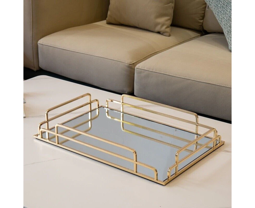 Mirrored rectangular decorative tray in chrome plate gold finish